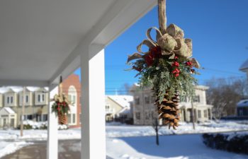 Christmas decoration in front of the entrance to Topsfield Smiles office.